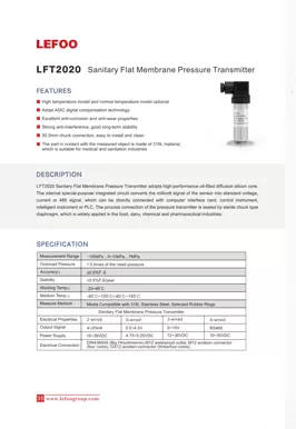 LEFOO LFT2020 Transmissor de Pressão de Membrana Plana Sanitária