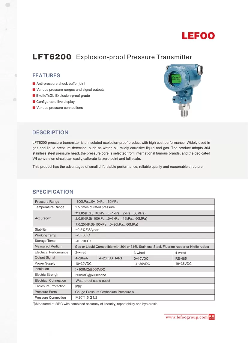 LEFOO LFT6200 Transmissor de pressão à prova de explosão