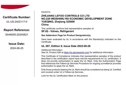 UL Certificação Alcançada!! ! ------ Válvulas de esfera de refrigeração LFBV e LFSG série óculos de visão